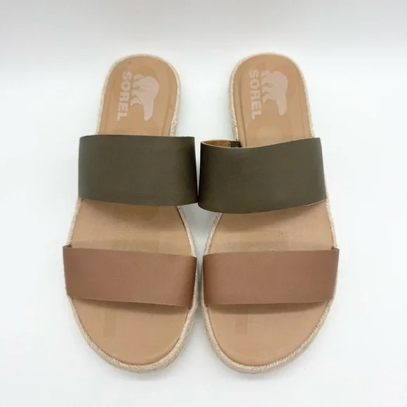 SOREL Ella Leather Sporty Espadrille Slide Sandals Green/Brown Sz 8.5 Minimalist - Picture 5 of 10